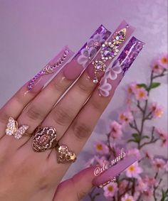 Boujee Long Nails, 90s Long Nails, Long Gem Nails, Extra Pink Nails, Long Acrylic Nail Designs 3d Flowers, Extra Long Nail Designs, Long Square Nails Ideas, Pink Extra Birthday Nails