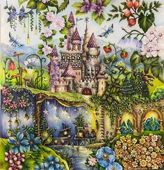 a painting of a castle with lots of flowers and plants on it's side