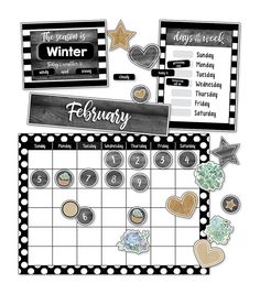 a black and white calendar with hearts, stars and other things to do on it