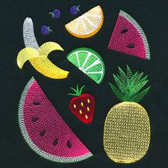 a black shirt with fruit embroidered on the chest and in the middle, there are bananas, pineapples, watermelon, strawberries, oranges