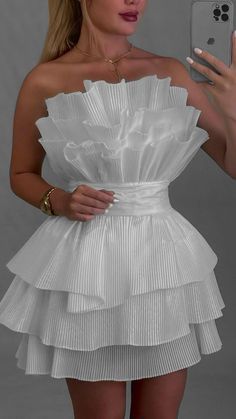 Strapless A-line Dress With Ruffles For Party, Strapless Pleated Mini Dress For Evening, Strapless Pleated Evening Mini Dress, Spring Party Strapless Dress With Pleated Details, Spring Party Strapless Dress With Pleats, Spring Strapless Pleated Dress For Party, White Pleated Evening Dress, White Pleated Mini Dress For Night Out, White Pleated Mini Dress For Cocktail