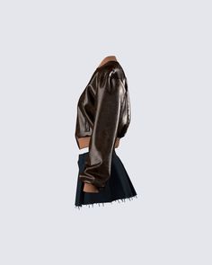 They’ll all want to go for a ride with you in this fit 😜 Pairing a brown washed leather jacket with a black twill mini skirt, this two-piece set is the perfect blend of sweet and edgy to leave them wanting more 🤎 Trendy Fitted Brown Leather Jacket, Trendy Brown Fitted Leather Jacket, Chic Brown Leather Jacket For Streetwear, Fitted Brown Leather Punk Jacket, Edgy Fitted Brown Outerwear, Washed Leather Jacket, Wanting More, Cargo Pant, Shoe Collection