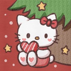 an image of a hello kitty holding a candy in front of a christmas tree with stars