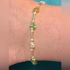 New Pretty Yellow, Green & White Heart Millefiori & Freshwater Pearl Beaded Anklet. Anklet Is 9 1/2 Inches Long. Yellow Bohemian Beaded Bracelets For Spring, Green Beaded Bracelets For Beach In Spring, Green Bracelets For Beach Spring Season, Green Bracelets For Beach In Spring, Casual Green Beaded Bracelets For Spring, Wire Bangle Bracelets, Beaded Anklet, Pretty Yellow, Wire Bangles