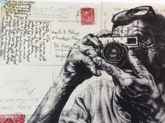 a drawing of a man holding a camera up to his face with writing on it