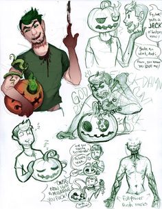 an image of a man holding a knife and some other things in his hand, including pumpkins