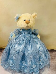 Teddy bear Doll Teddy Bear, French Look, Wedding Bible, Blue Lace Dress, Blue Teddy Bear, Bahama Blue, Lace Blue Dress, Flower Lace, Pillow Box