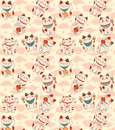 a pattern with cats and clouds on a pink background that is very similar to the same wallpaper