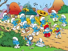 the smurfs are walking down the road together