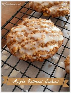 apple oatmeal cookies with icing on a cooling rack