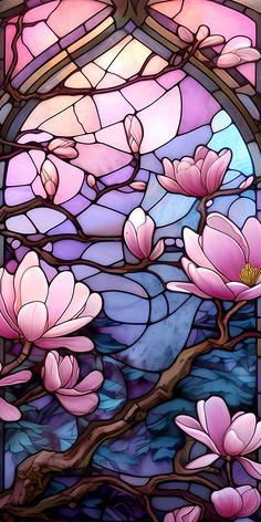 a stained glass window with pink flowers on it