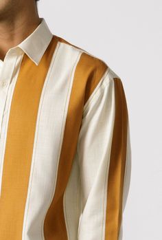 Full sleeves button down shirt in mustard and white cotton showcasing straight panels arranged in a striped pattern. Fit: Regular fitColor: off whiteFabric: Cotton Full Sleeves, White Fabrics, Full Sleeve, Striped Shirt, White Cotton, Mustard, Button Down Shirt, Cotton Blend, Off White