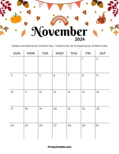 the november calendar is shown with autumn decorations