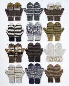 knitted mittens arranged in rows on a white background, all lined up with different patterns