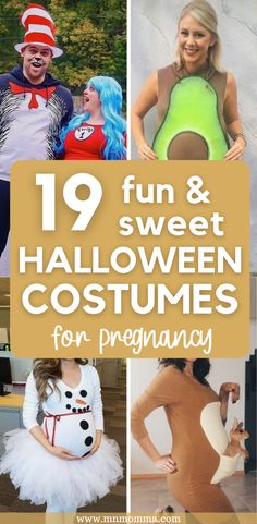 halloween costumes for pregnant women and men with text overlay that reads 19 fun & sweet halloween costumes for pregnant women