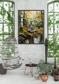 a living room filled with furniture and potted plants in front of a painting on the wall