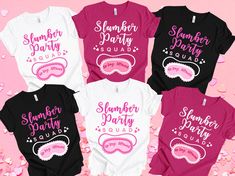 six t - shirts with the words summer party and masks in pink, black and white