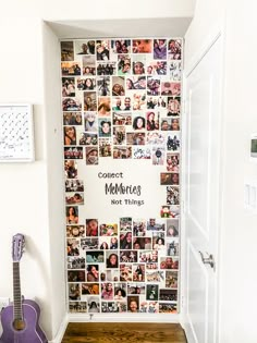 a guitar is sitting in front of a wall with pictures on it and the words connect memories not things