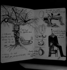 an open book with drawings on it and some writing in the pages next to a tree