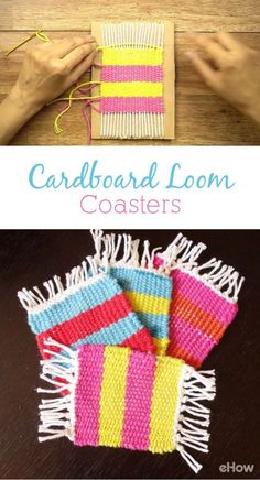 two pictures showing how to make a cardboard loom coaster