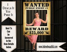 a woman in a pink dress is standing behind a sign that says wanted public enemy reward $ 25, 000