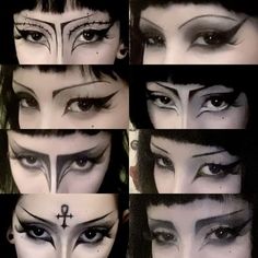 Goth Makeup Looks With Glasses, Classic Goth Makeup, Goth Makeup No Eyebrows, Trad Goth Makeup Ideas, Graphic Makeup Looks, Goth Character Design, Goth Looks, Gothic Eye Makeup