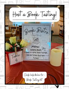 a table with a sign that says host a book tasting