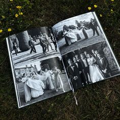 an open book on the ground with pictures of people dressed in wedding clothes and dresses