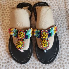 Ladies Maasai Leather Sandals. Size 10.5/11 Or 42 Decorated With Beads. Casual Black Beaded Sandals, Adjustable Embellished Multicolor Sandals, Multicolor Beaded Casual Sandals, Black Beaded Bohemian Sandals, Traditional Black Beaded Sandals, Black Bohemian Beaded Sandals, Casual Multicolor Beaded Sandals, Black Beaded Sandals For Festival, Black Beaded Adjustable Sandals