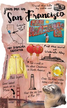 a collage of san francisco, california and the golden gate bridge with an image of a sea lion