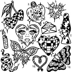 an assortment of tattoo designs on paper