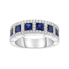 Featuring a row of lab-created sapphires surrounded by dazzling cubic-zirconia accents, This beautiful ring is sure to draw attention.RING DETAILS Width: 6.5 mm Size: 7 Metal: sterling silver Plating: rhodium Packaging: boxed STONE DETAILS Stone type: lab-created sapphire Total weight: 2 ct. Shape: square Setting: prong CUBIC ZIRCONIA DETAILS Total weight: 3/4 ct. Shape: square Setting: prong Gemstones may have been treated to enhance their appearance. Special care may be required. Please visit Sapphire Cubic Zirconia Ring With Pave Setting, Princess Cut Sapphire Ring With Prong Setting, Sapphire Anniversary Band, Sapphire Wedding Band, Sapphire Wedding, Right Hand Rings, Cubic Zirconia Rings, Anniversary Bands, Beautiful Ring