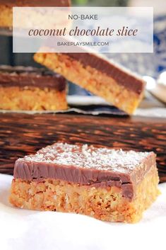 No-Bake Coconut Slice - Bake Play Smile Coconut Biscuits, Coconut Slice, Chocolate Slice, Chocolate Topping, Rice Krispie Treats, Brownie Bar