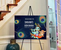 a welcome sign is displayed in front of a staircase with peacocks on it and the words'welcome to shriaw's god bhairi