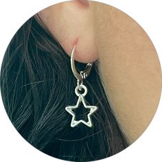 Dainty Silver Earrings With Dangling Charms, Nickel-free White Gold Star Jewelry, Nickel-free Star-shaped White Gold Jewelry, Adjustable Hoop Earrings With Star Charm, Metal Star Charm Jewelry, Star Shaped Metal Jewelry With Star Charm, Trendy Silver Earrings With Charms, Silver Huggie Earrings With Charms, Silver Star-shaped Hoop Earrings