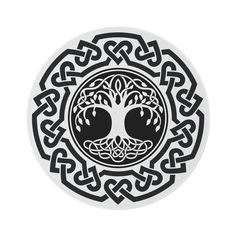 a black and white circular sticker with an image of a tree in the center