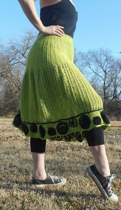 Inspired by a gorgeous runway chartreuse dress I found browsing the internet, this skirt is a bold addition to your wardrobe.This pattern has 2 different version of this skirt.One is for the full skirt version which has a rather large circumference at the bottom perfect for wearing a tulle petticoat underneath.The other version is for a more fitted version that is pretty much a straight skirt.Skirt is made sideways with one long seam at the side, then a band of motifs are seamed together then ad Crochet Baby Skirt, Tiered Skirt Pattern, Crochet Lace Skirt, Chunky Yarn Crochet Pattern, Crochet Coquette, Chartreuse Dress, Knit Skirt Pattern, Stitching Diy, Skirt Pattern Free