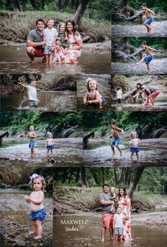 the family is playing in the water at the river's edge and having fun