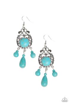 Dotted with a round turquoise stone center, a frilly silver frame gives way to a beaded turquoise stone fringe for a whimsical look. Earring attaches to a standard fishhook fitting.

Sold as one pair of earrings. Earrings Stone, Silver Frames, Fish Hook Earrings, Paparazzi Accessories, Paparazzi Jewelry, Earrings Collection, Blue Earrings, Silver Frame, Jewelry Party