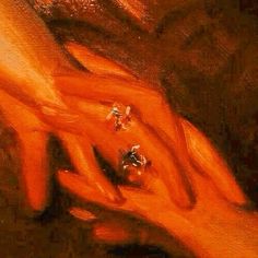 an abstract painting of two hands reaching for each other with orange and black colors in the background