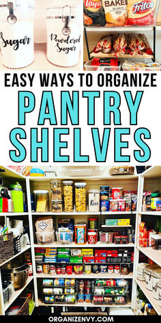 Collage of photos showing pantry shelves in a walk-in pantry Pantry Shelf Depth, How To Organize Pantry Shelves, Pantry Shelf Spacing Guide, How To Organize Pantry Shelves Food, Standard Pantry Shelf Depth, 20” Pantry Shelves, Pantry Shelf Organizer, Shallow Pantry