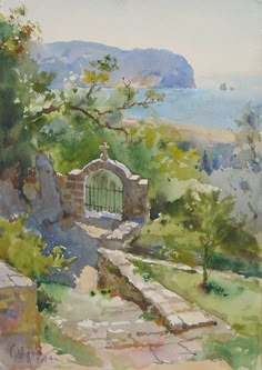 a watercolor painting of a garden with steps leading to an entrance