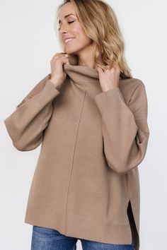 Cozy up with this darling pullover! Light mocha brown hue Soft sweater-knit material Mock neckline Long sleeves with drop shoulder Exposed seam detail at front and back bodice Ribbed at collar, sleeve cuffs, and hem Split sides at bottom hem Comfortable fit 75% Acrylic, 25% Polyester Trina is 5'6, cup size 32D, size 2 and is wearing size S What Should I Wear Today, What Should I Wear, Mocha Brown, Soft Sweater, Mock Neckline, Softest Sweater, Cup Size, Sweater Knit, Staple Pieces