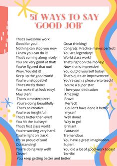 the 5 ways to say good job on a pink background with colorful swirls and stars