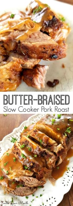 butter - braised slow cooker pork roast on a white plate