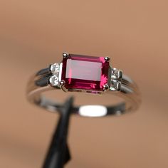 red ruby ring July birthstone ring emerald cut red gemstone ring anniversary ring for woman Red Gemstone Ring, Cz Rings, Oval Jewelry, July Birthstone Ring, Rings Jewelry Fashion, Red Gemstones, Ring Sale, July Birthstone, Stackable Ring