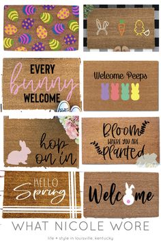 doormats with the words welcome and easter written on them