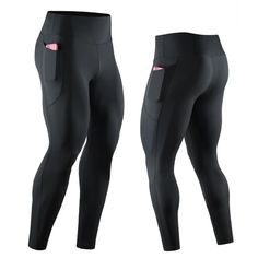 the side view of a woman's tight leggings with pockets and pink accents