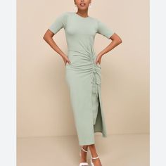 Brand New With Tags Adorable Green Ruched Midi Dress Perfect For Summer Fitted Same Day Shipping Midi Dress Short Sleeve, Short Sleeve Midi Dress, Ruched Midi Dress, Bodycon Skirt, Midi Short Sleeve Dress, Green Midi Dress, Sleeve Midi Dress, Lulu Dresses, Body Con Skirt