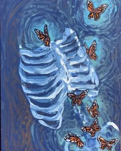 an acrylic painting of a skeleton with butterflies flying around it